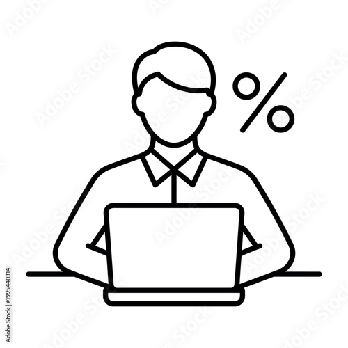 Minimalist line art vector icon of a businessman working on a laptop with a percentage symbol representing financial calculations, taxes, or interest rates.