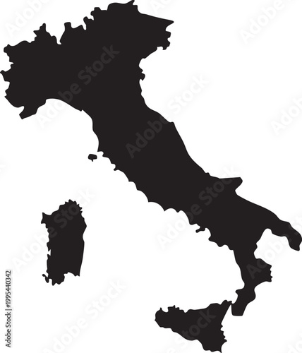 Black silhouette map of Italy with Sardinia and Sicily simple vector graphic for travel and geography concepts isolated on white