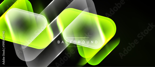 Abstract geometric shapes, vibrant green hues, translucent layers over dark background. Modern design element, dynamic composition.