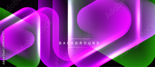 Abstract neon shapes overlap, creating vibrant gradients. Dark background emphasizes glowing colors, modern design element.