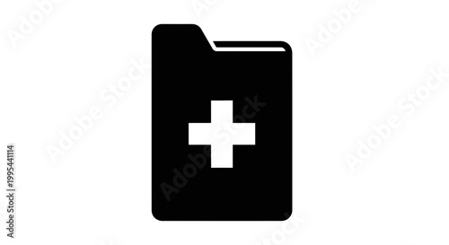 A black and white vector icon of a medical file folder with a cross