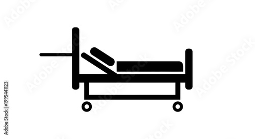 A simple black icon of a hospital bed on wheels