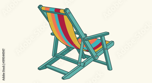 A colorful wooden beach chair sits empty against a pale background