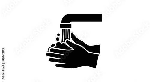 A black and white vector graphic of hands washing under a faucet
