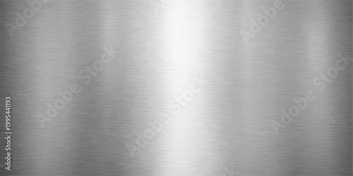 Polished stainless steel plate with a brushed silver metallic texture and industrial grey aluminum surface pattern featuring a shiny titanium reflection backdrop