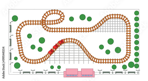 Overhead view of a colorful rollercoaster track with surrounding landscape