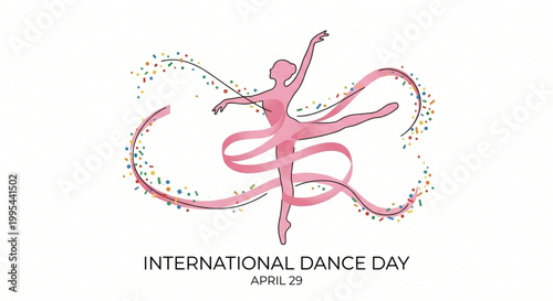 A graceful pink silhouette of a ballerina dancing with flowing ribbons and colorful confetti, celebrating International Dance Day on April 29.