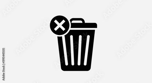 A black and white vector graphic of a trash can with a delete symbol