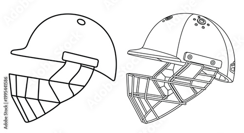 Line art illustration of two cricket helmets side and front views