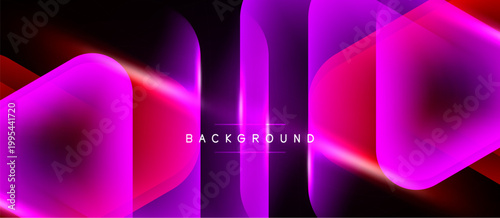 Abstract design features vibrant pink, purple gradients. Overlapping layers create dynamic visual effect. Dark background emphasizes glowing shapes.