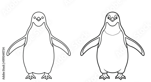 Two adorable penguins depicted in a simple black and white line drawing