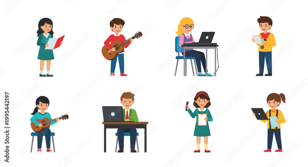 Fototapeta premium Diverse group of children engaged in various learning activities and new hobbies including playing musical instruments using laptops for education reading books and creating art