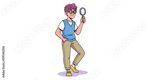 Curious cartoon character with purple hair and glasses intently examining something through a magnifying glass wearing a blue vest over a white t shirt and tan trousers standing