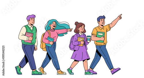 Diverse group of four young students two males and two females walking together confidently with books and backpacks gesturing towards the future with vibrant colors and a clean