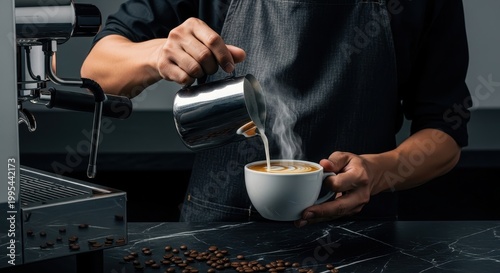Barista Pouring Cream into Coffee Cup with Steam Rising from Drink