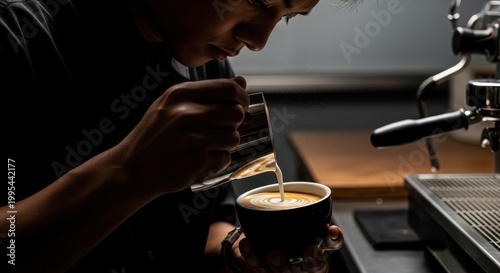 Barista Creatively Pours Latte Art into Black Coffee Cup
