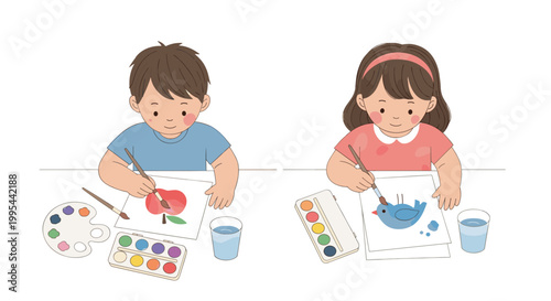 Charming watercolor illustration of a boy and a girl engrossed in painting with watercolors brushes and palettes depicting creativity and childhood innocence during an art class