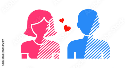 Stylized illustration of a pink female silhouette and a blue male silhouette facing each other with red hearts floating between them symbolizing love connection and relationships