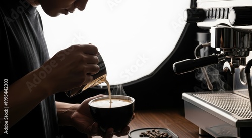 Barista Pouring Coffee into Bowl with Espresso Machine in Background