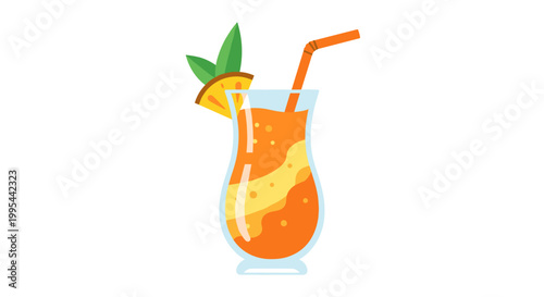 Vibrant tropical cocktail in a tall hurricane glass garnished with a slice of orange and fresh green leaves served with a bright orange straw isolated on a clean white background
