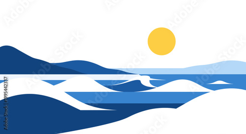 Stylized flat vector illustration of a serene coastal landscape featuring rolling blue hills meeting calm ocean waters under a bright minimalist yellow sun evoking tranquility
