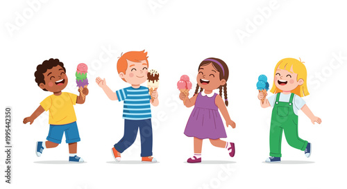 Happy kids eating colorful ice cream cones walking together in a line on white background