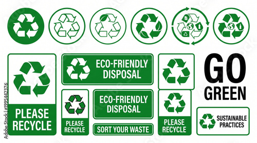 Recycle icon set, environmental signs, eco-friendly disposal label, sort your waste sticker, go green logo, sustainable practices, please recycle symbol collection, waste management, vector signs.