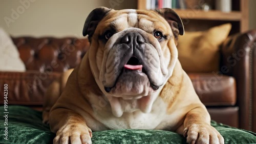 Close up of a cute bulldog lying on a green cushion.