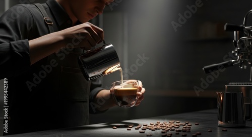 Barista Pouring Craft Coffee Into Glass Cup in Cozy Cafe Setting