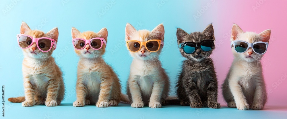 Fototapeta premium Adorable Kittens Wearing Sunglasses on Blue and Pink Background