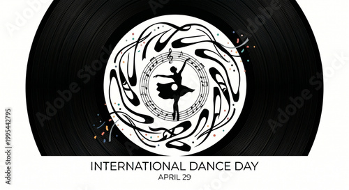 A black vinyl record with a white label featuring a silhouette of a ballerina dancing amidst musical notes and abstract swirls, celebrating International Dance Day.