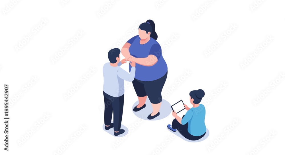 Fototapeta premium Isometric Illustration of Three People Interacting with Each Other.