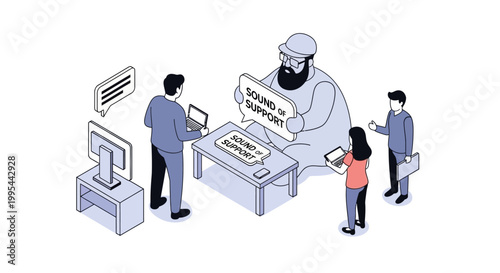 Isometric Illustration of Support Team Providing Assistance to Clients.