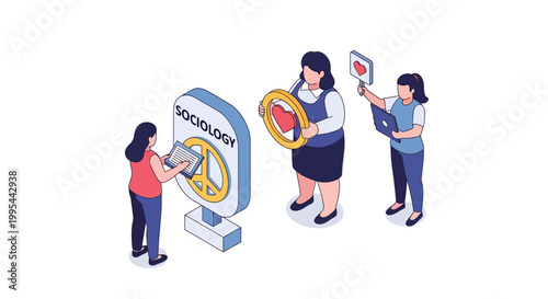 Isometric Illustration of Sociology Students Interacting with Symbols.