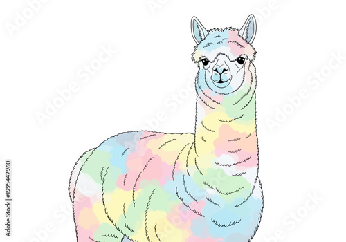 Colorful Llama Illustration with Pastel Rainbow Fur Standing Gracefully.