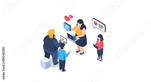 Isometric illustration of people using computers and sharing social media love.