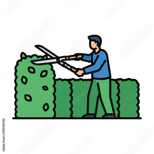 Man trimming hedge with large scissors in garden