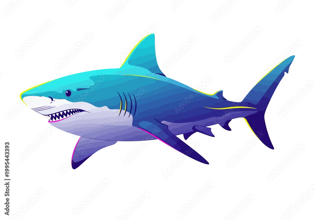 Obraz premium Blue and White Shark Swimming with Open Mouth and Sharp Teeth.