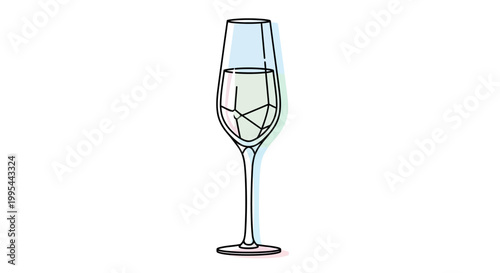 Hand-drawn flute glass with champagne and ice cubes, minimalist line art, celebration drink