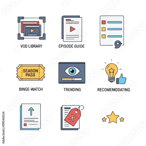 Digital media icons on screen.