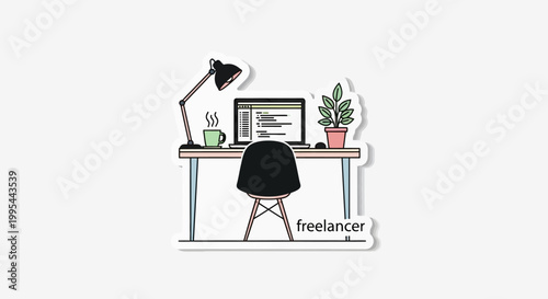 Minimalist freelancer desk setup with laptop, lamp, coffee, and plant