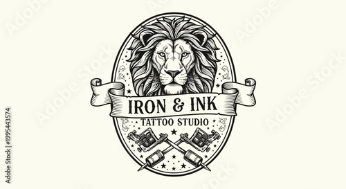 Lion Head Tattoo Studio Emblem with Tattoo Machines and Banner
