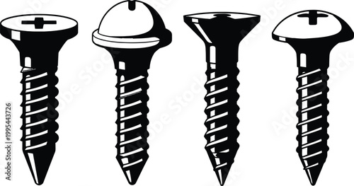 Vector set of various metal screw silhouettes featuring different head types like flat and phillips for hardware construction and DIY projects
