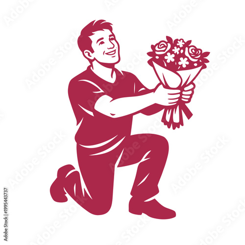 Man kneeling with a bouquet of flowers, proposing or showing romantic gesture