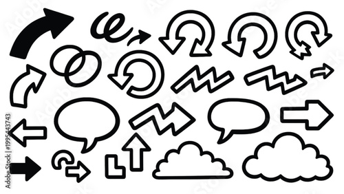 Arrow collection vector illustration set featuring various hand drawn shapes speech bubbles and weather clouds for creative graphic design projects and marketing layout editing elements