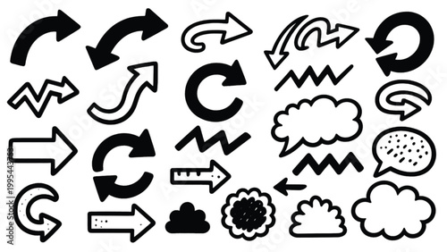 Hand drawn arrow icons set and speech bubble shapes collection featuring various curved wavy and jagged graphic elements isolated on a plain white background design