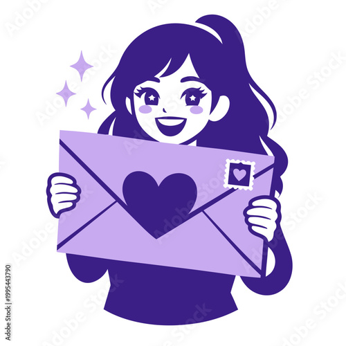 Smiling woman happily holding a love letter envelope