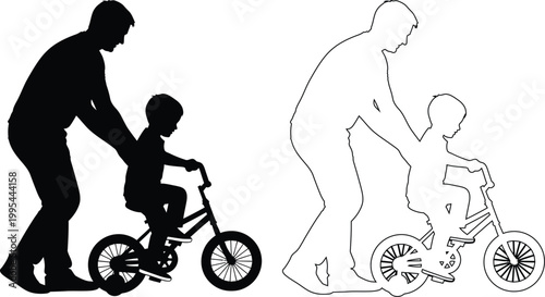 Adult teaching child to ride bicycle with training wheels