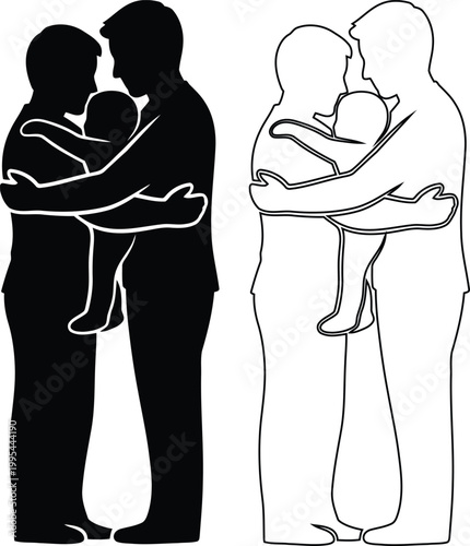 Two parents holding baby together in affectionate family embrace pose