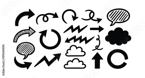 Arrows vector set containing various hand drawn doodle shapes including speech bubbles and clouds perfect for digital design projects presentations or marketing materials graphic layouts